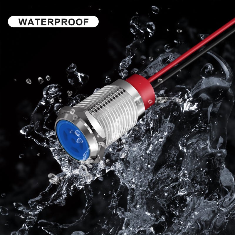 FICOLPO 10 Pcs LED Metal Waterproof Indicator Light, 12-24V 0.47-inch Mounting Hole Pre-Wired Pilot Signal Light for Car, Trucks, Boats, Marine, Dash, Industrial Electricity (Blue, 12mm) - Image 2